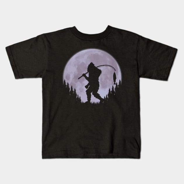 Bigfoot Fishing Moon Funny Sasquatch And Fish Kids T-Shirt by Tesszero